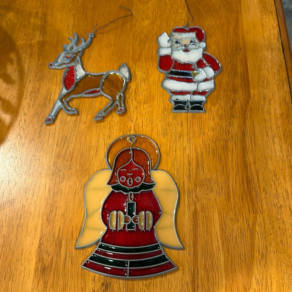 Vintage see through hanging ornaments. Santa, angel, reindeer. 5”&6”